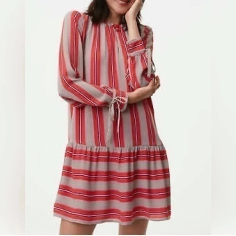 Ann Taylor | LOFT | Coastal Red Spiced Stripe Flounce Shirt Dress Size S Small